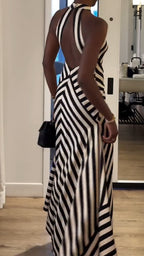 Women Halter Neck Stripes Irregular Casual Dress