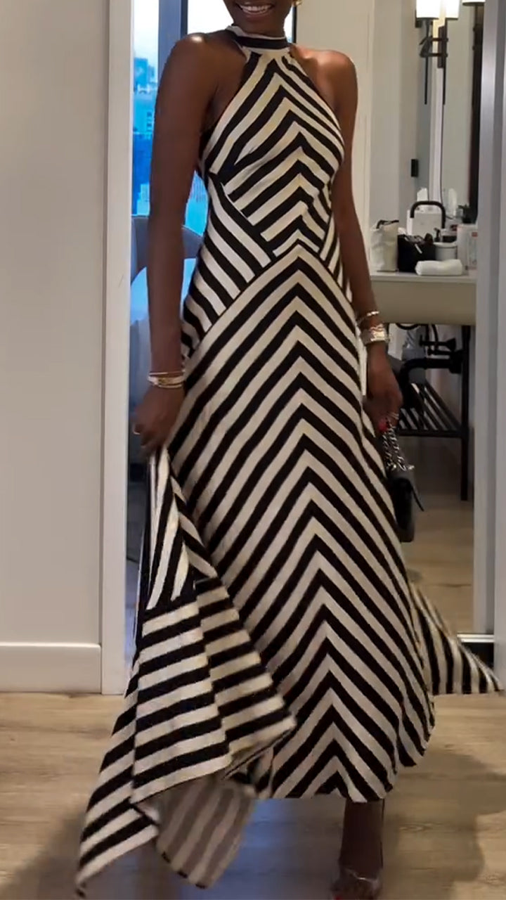 Women Halter Neck Stripes Irregular Casual Dress