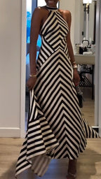 Women Halter Neck Stripes Irregular Casual Dress