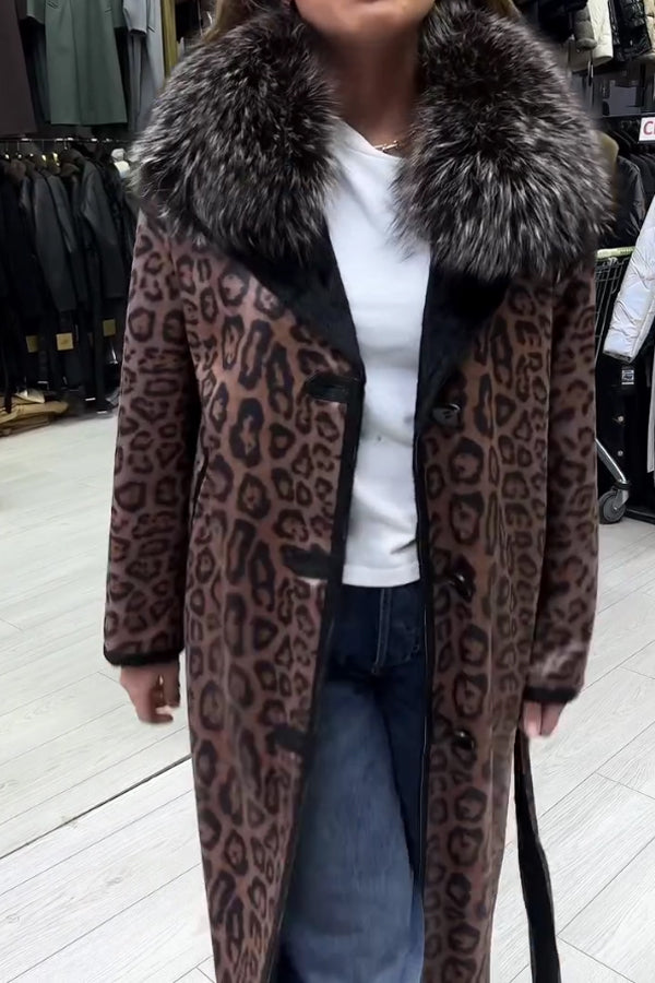 Women Elegant Gorgeous Velvet Leopard Print Fur Collar Lace-Up Coat
