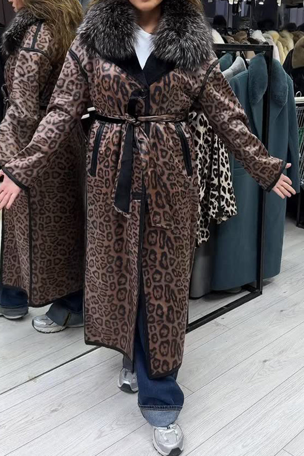 Women Elegant Gorgeous Velvet Leopard Print Fur Collar Lace-Up Coat