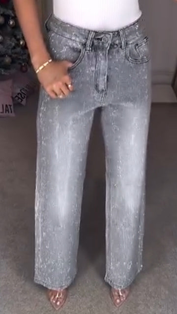 Ladies High Waisted Diamond Hot Stamping and Sparkling Casual Jeans