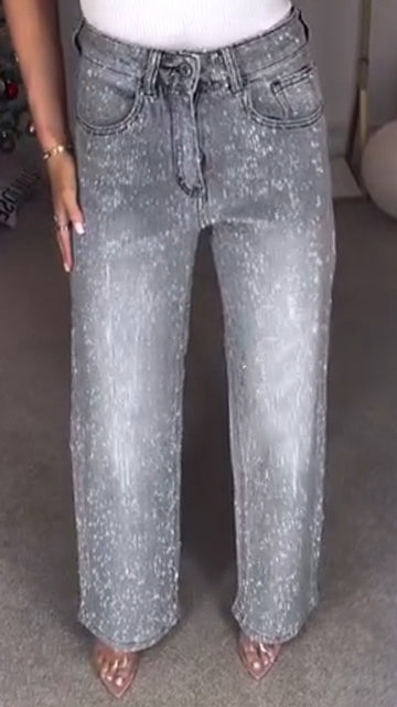 Ladies High Waisted Diamond Hot Stamping and Sparkling Casual Jeans