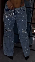 Ladies Hot Stamping Hole Perforated Casual Jeans