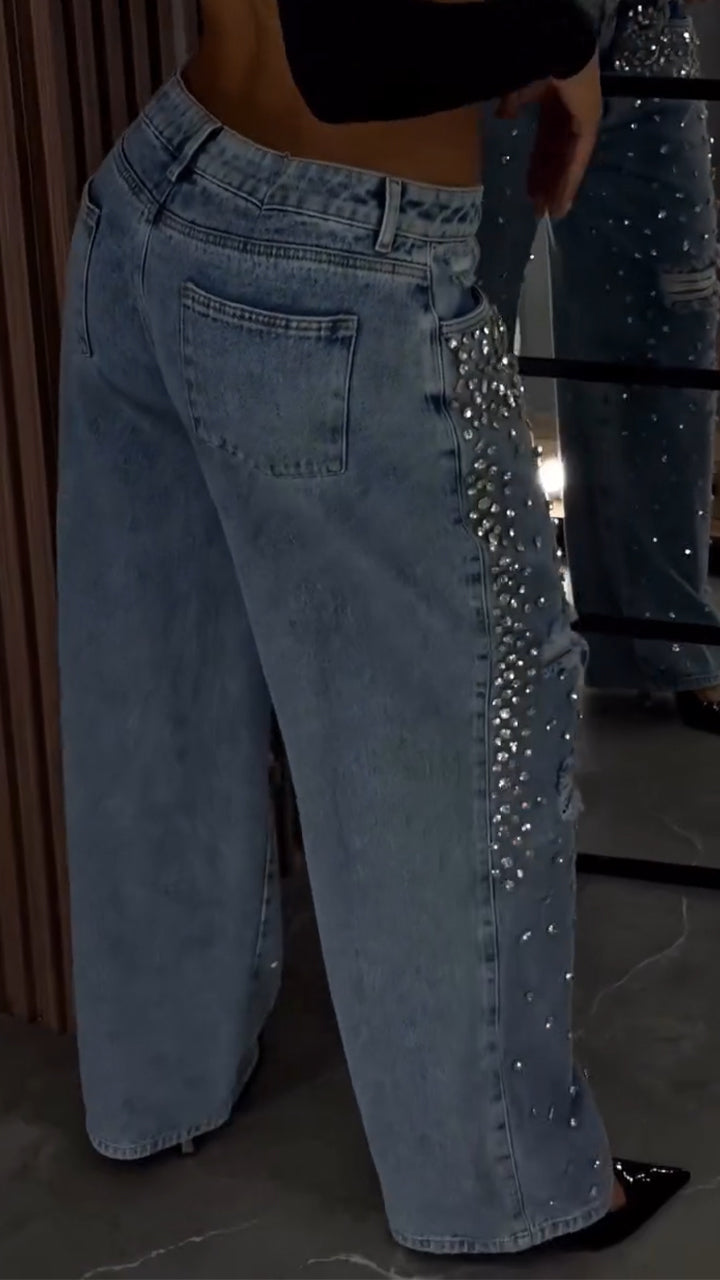 Ladies Hot Stamping Hole Perforated Casual Jeans