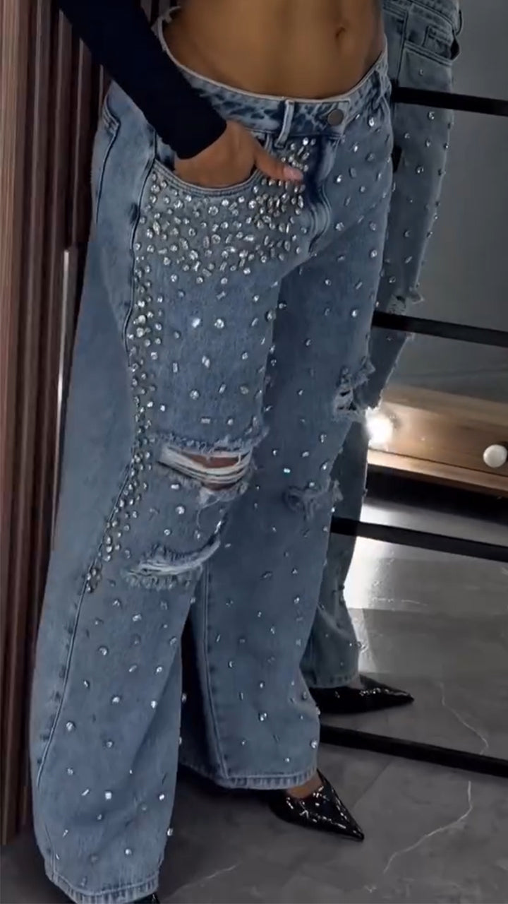 Ladies Hot Stamping Hole Perforated Casual Jeans