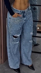 Ladies Hot Stamping Hole Perforated Casual Jeans