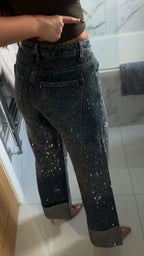 Women High Waisted Rhinestone Spliced Casual Jeans