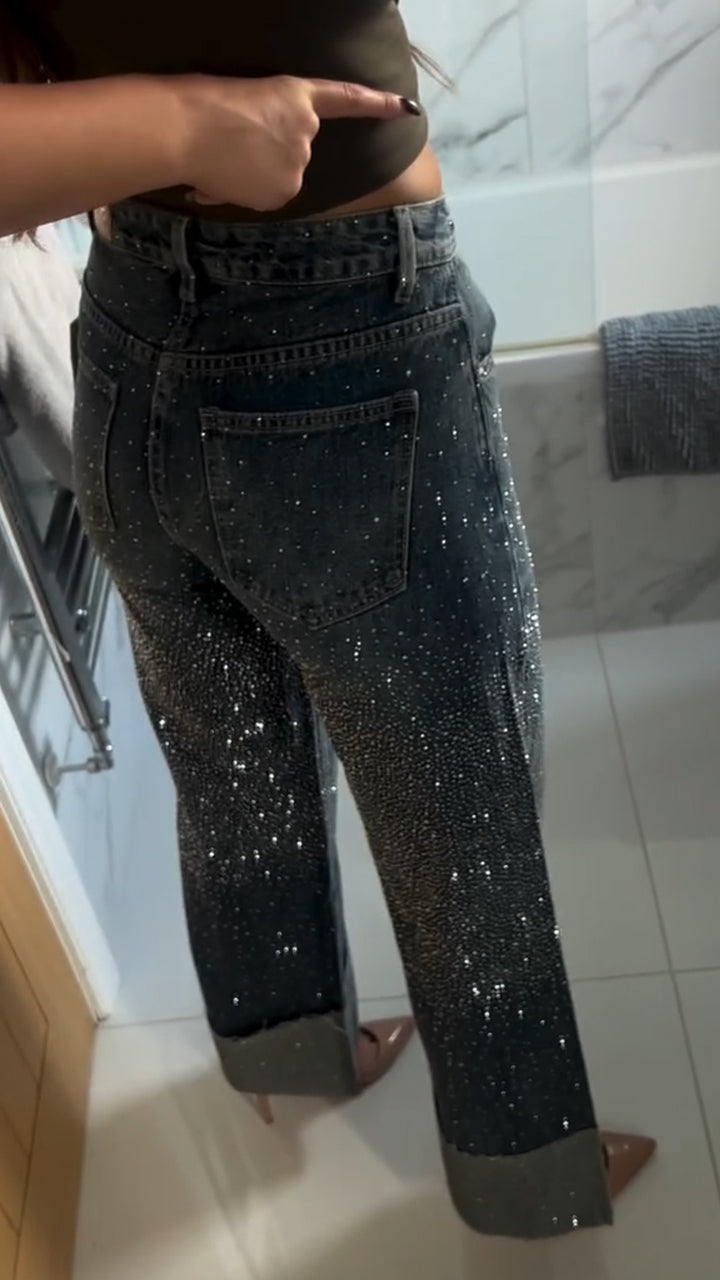 Women High Waisted Rhinestone Spliced Casual Jeans