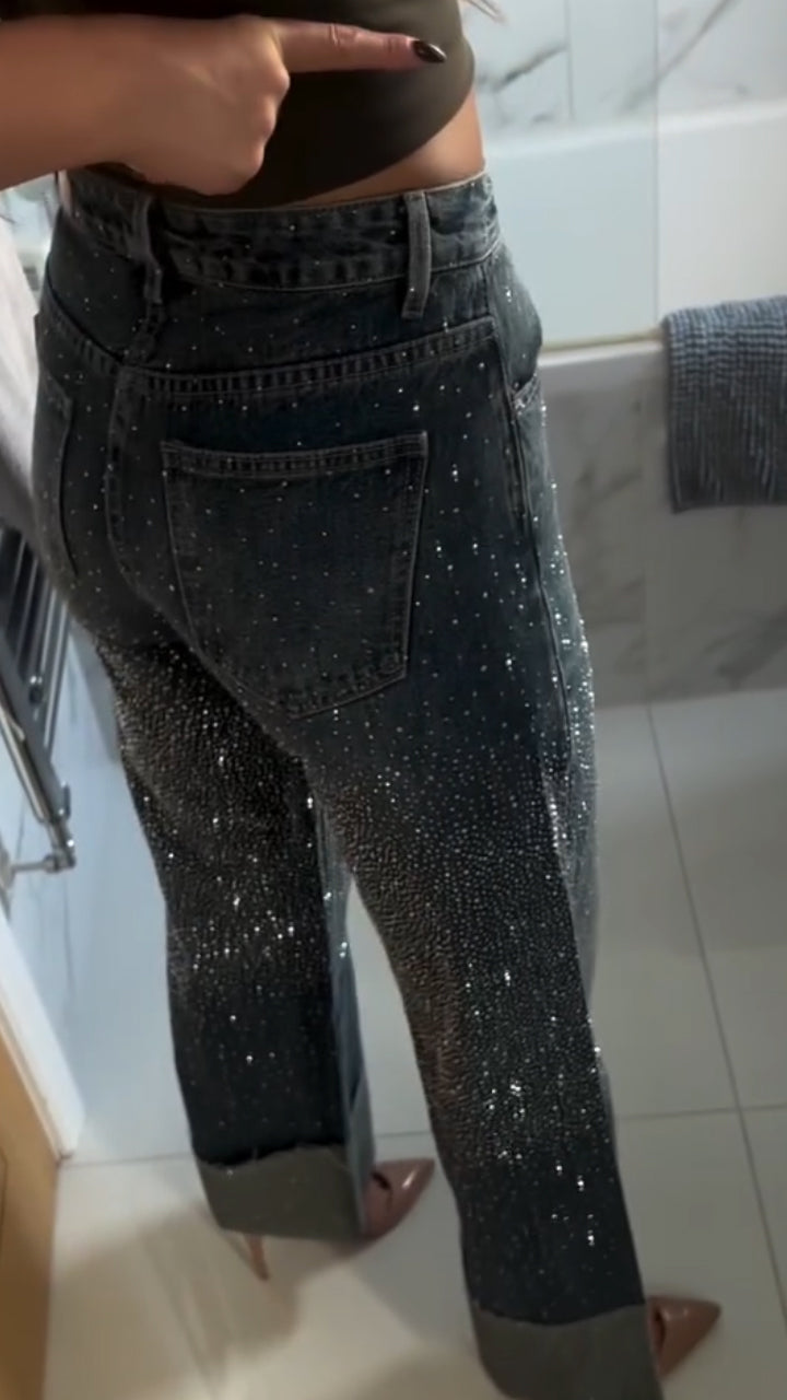 Women High Waisted Rhinestone Spliced Casual Jeans