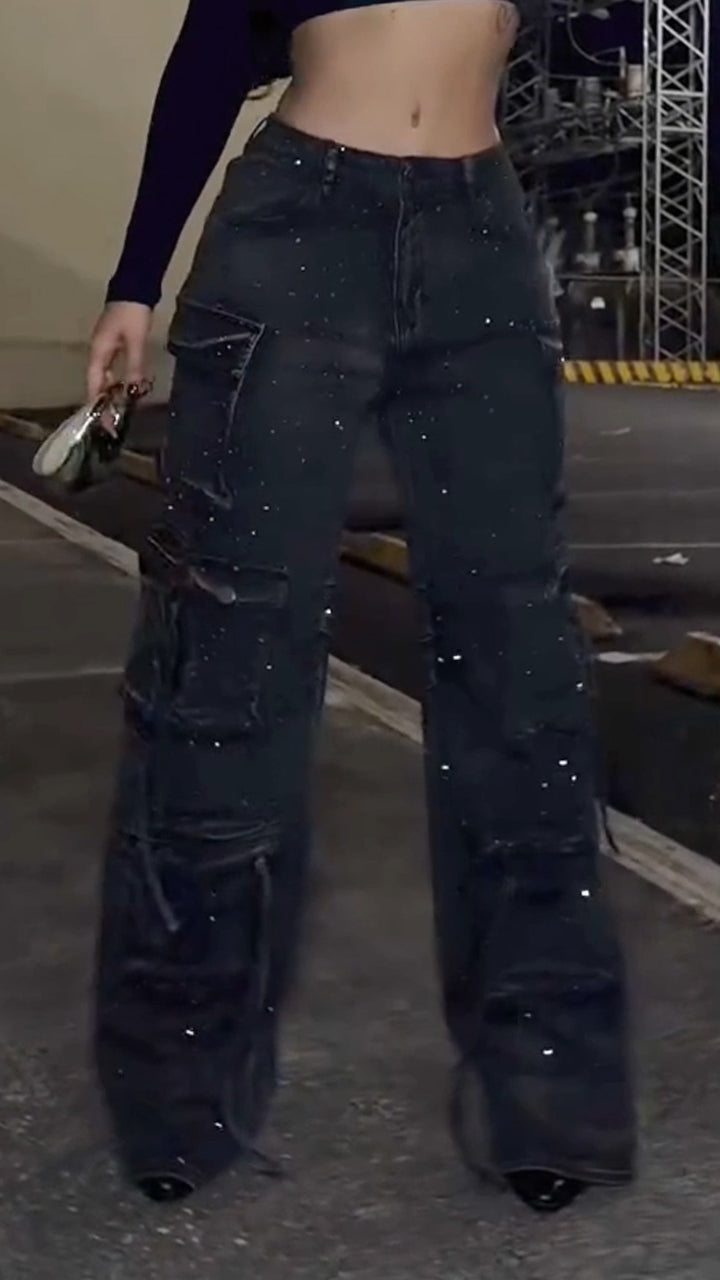 Women Patchwork Multi-pocket Hotfix Rhinestone and Washed Casual Jeans
