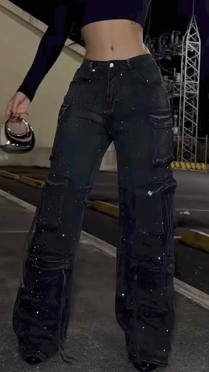 Women Patchwork Multi-pocket Hotfix Rhinestone and Washed Casual Jeans