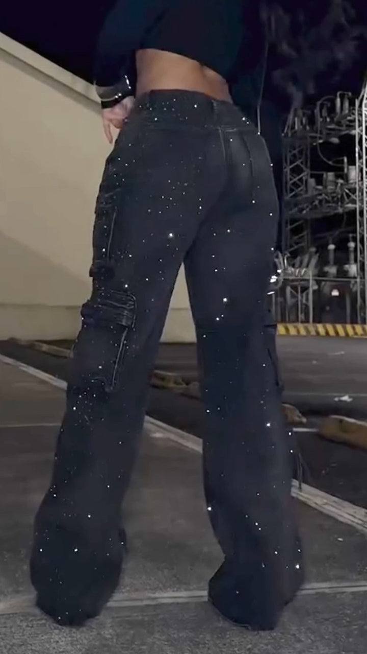 Women Patchwork Multi-pocket Hotfix Rhinestone and Washed Casual Jeans