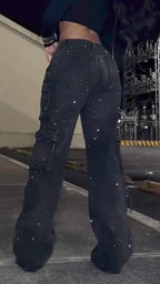 Women Patchwork Multi-pocket Hotfix Rhinestone and Washed Casual Jeans