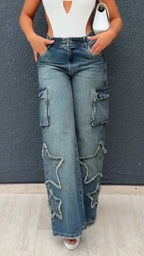 Women High-waisted Patchwork Star Wash Casual Jeans