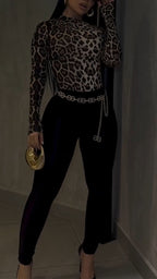 Women Round Neck Leopard Print Top+ Pants Tight Fitting Temperament Set
