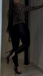 Women Round Neck Leopard Print Top+ Pants Tight Fitting Temperament Set