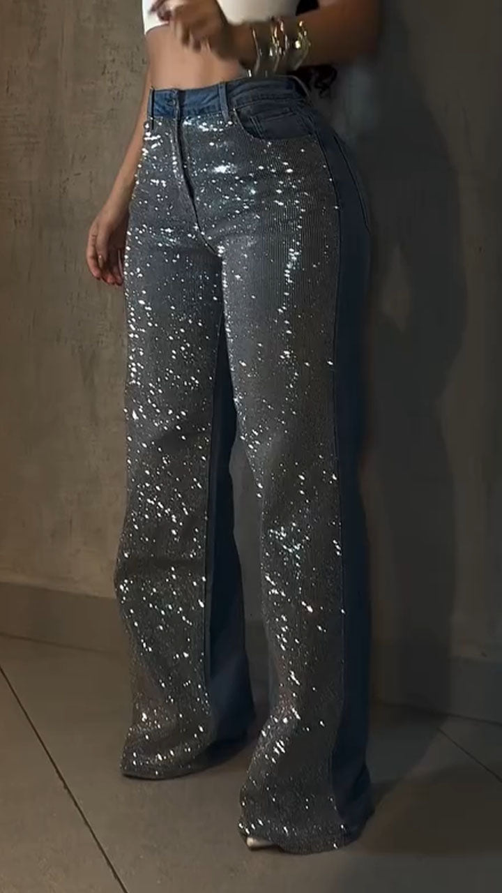 Ladies High Waisted Diamond Hot Stamping and Sparkling Casual Jeans