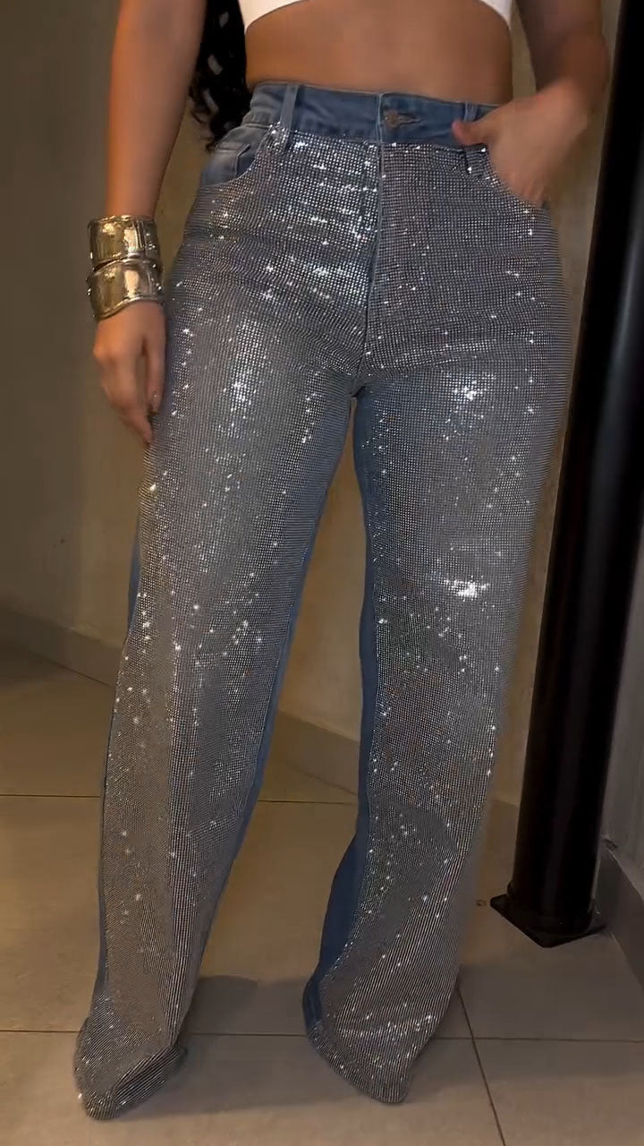 Ladies High Waisted Diamond Hot Stamping and Sparkling Casual Jeans