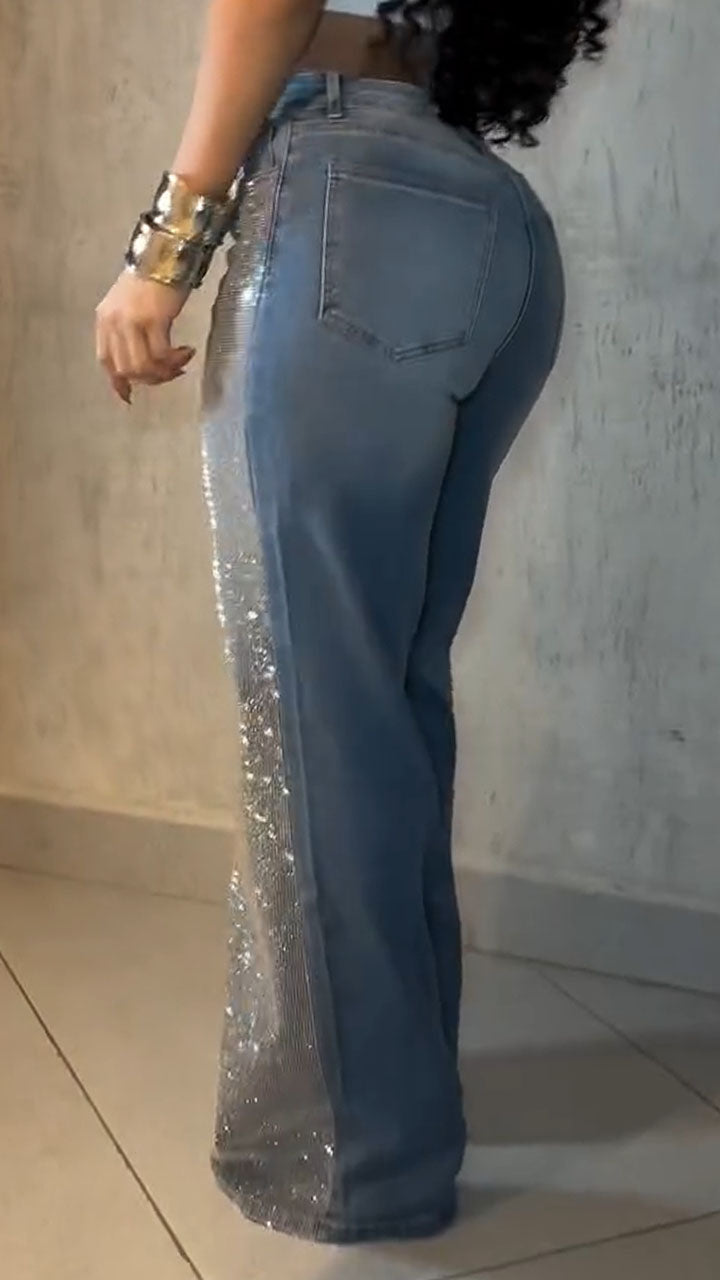 Ladies High Waisted Diamond Hot Stamping and Sparkling Casual Jeans