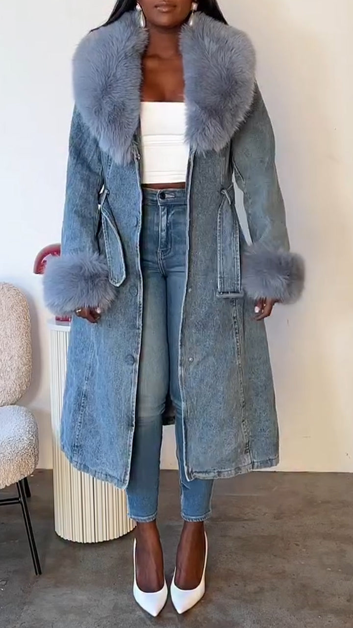 Women Fur Collar Patchwork Temperament Casual Denim Coat