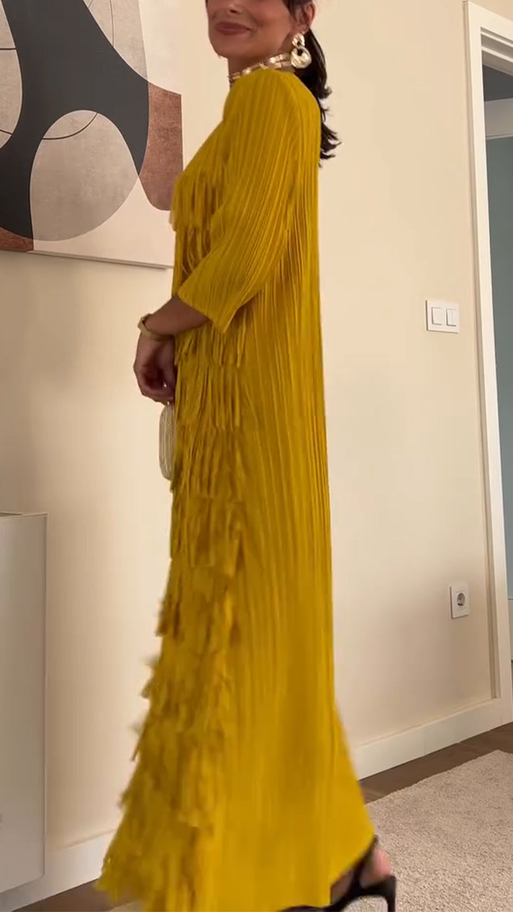 Women Round Neck Solid Color Patchwork Tassel Elegant Casual Dress
