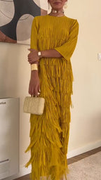 Women Round Neck Solid Color Patchwork Tassel Elegant Casual Dress