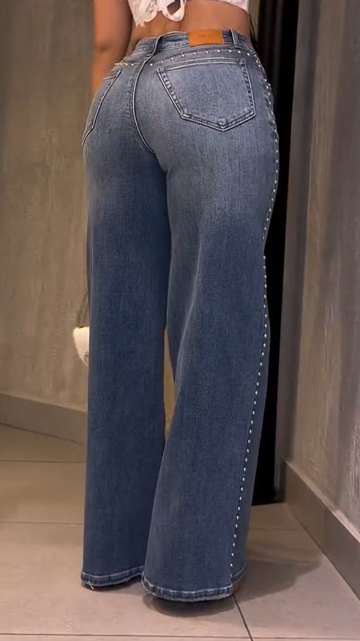 Women High Waisted Nail Bead Washed Casual Jeans