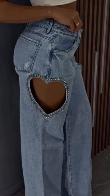 Women Heart-shaped Hollowed Out Edge Rhinestone Casual Jeans
