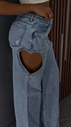 Women Heart-shaped Hollowed Out Edge Rhinestone Casual Jeans