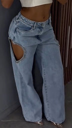 Women Heart-shaped Hollowed Out Edge Rhinestone Casual Jeans