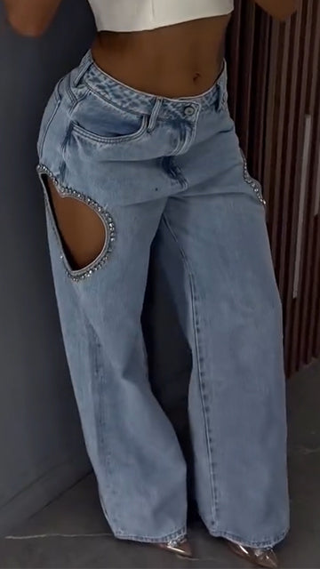 Women Heart-shaped Hollowed Out Edge Rhinestone Casual Jeans