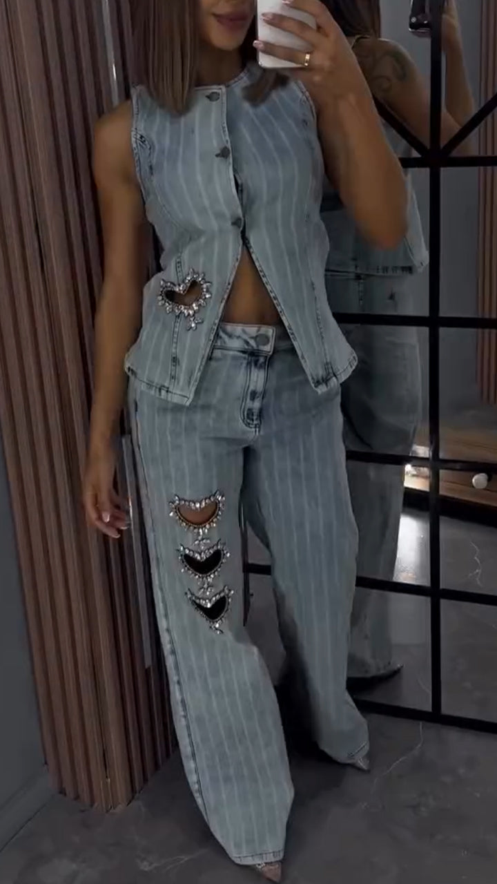 Women Round Neck Heart-shaped Hollow Hot Stamping Rhinestone Casual Denim Set