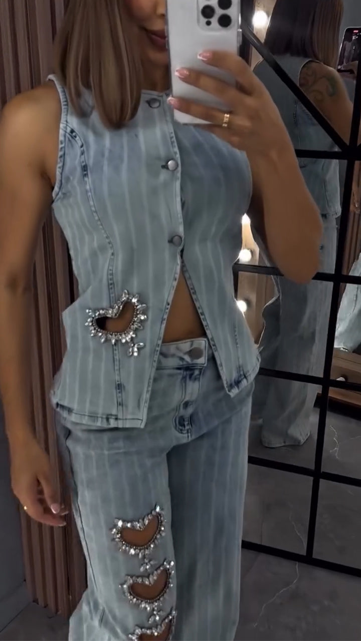 Women Round Neck Heart-shaped Hollow Hot Stamping Rhinestone Casual Denim Set