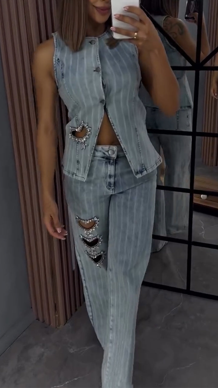 Women Round Neck Heart-shaped Hollow Hot Stamping Rhinestone Casual Denim Set
