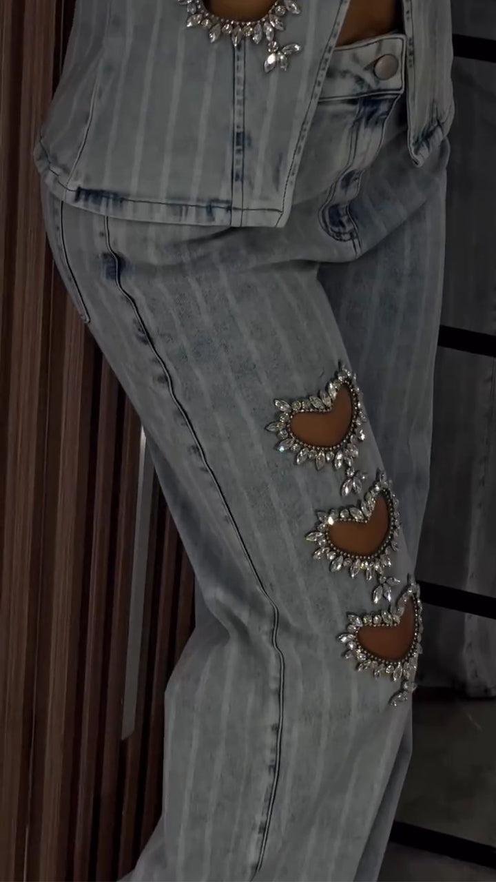 Women Round Neck Heart-shaped Hollow Hot Stamping Rhinestone Casual Denim Set