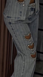 Women Round Neck Heart-shaped Hollow Hot Stamping Rhinestone Casual Denim Set