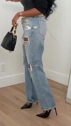 Women High-waisted Ripped Washed Casual Jeans