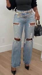 Women High-waisted Ripped Washed Casual Jeans