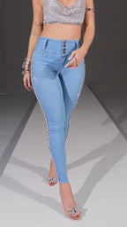 Women High Waisted Side Rhinestone Casual Jeans