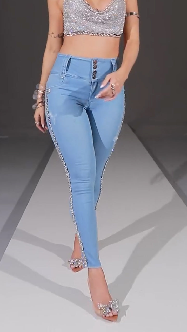 Women High Waisted Side Rhinestone Casual Jeans