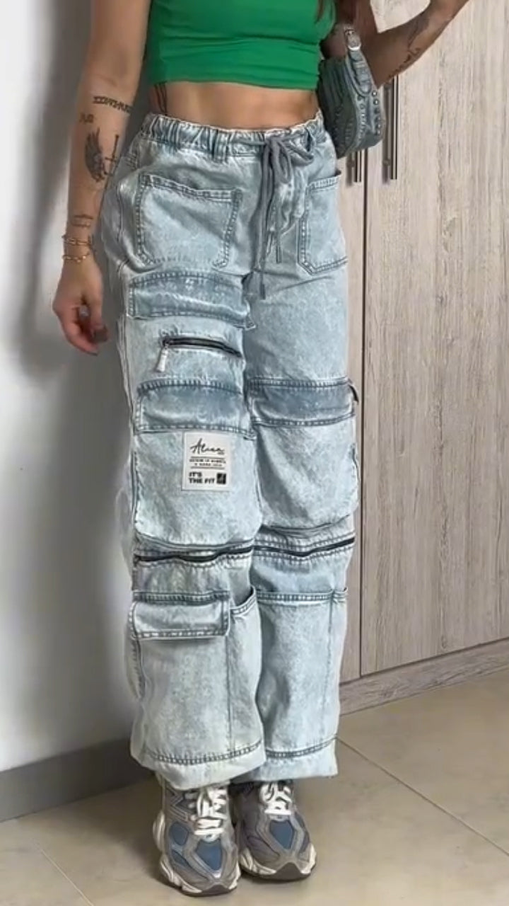 Women Drawstring Spliced Multi Pocket Casual Jeans