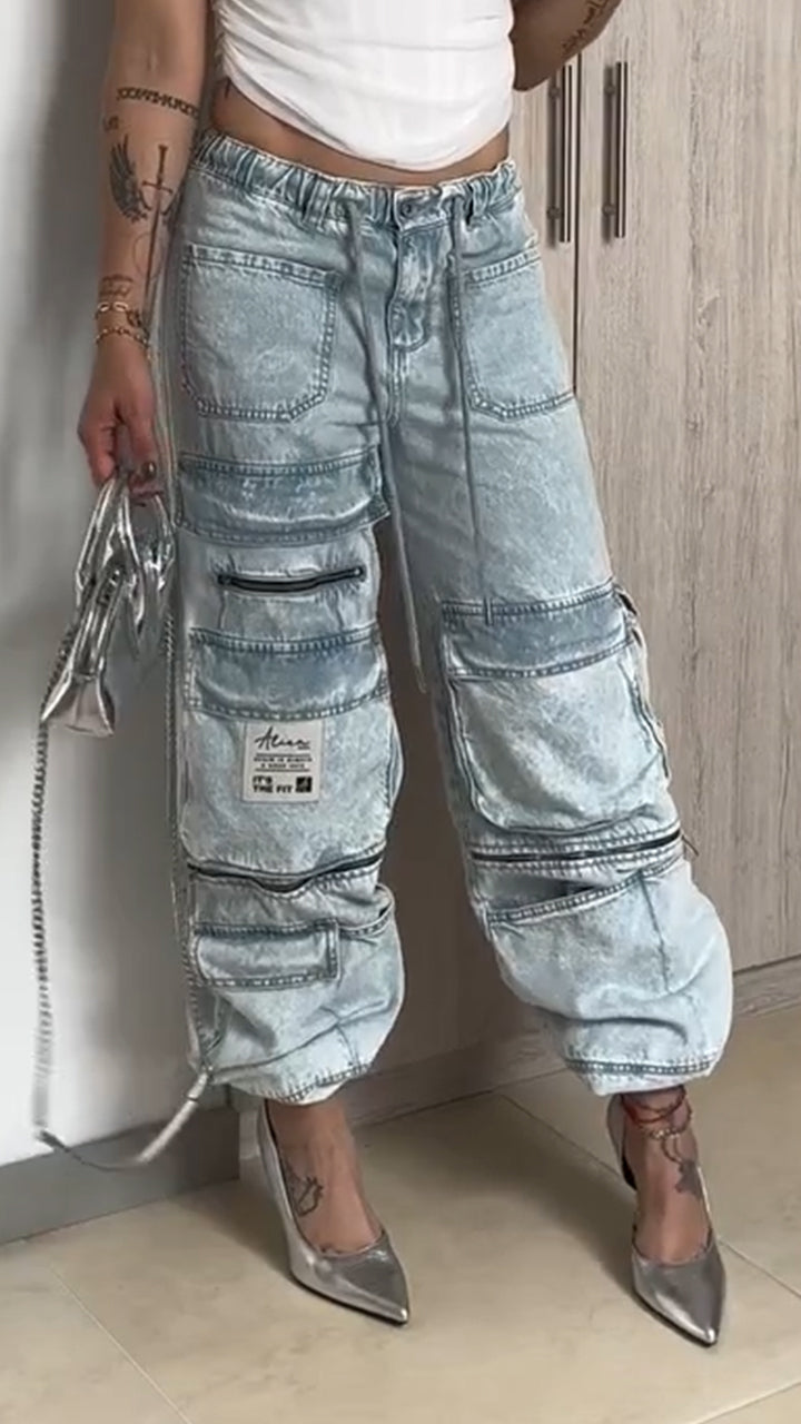 Women Drawstring Spliced Multi Pocket Casual Jeans