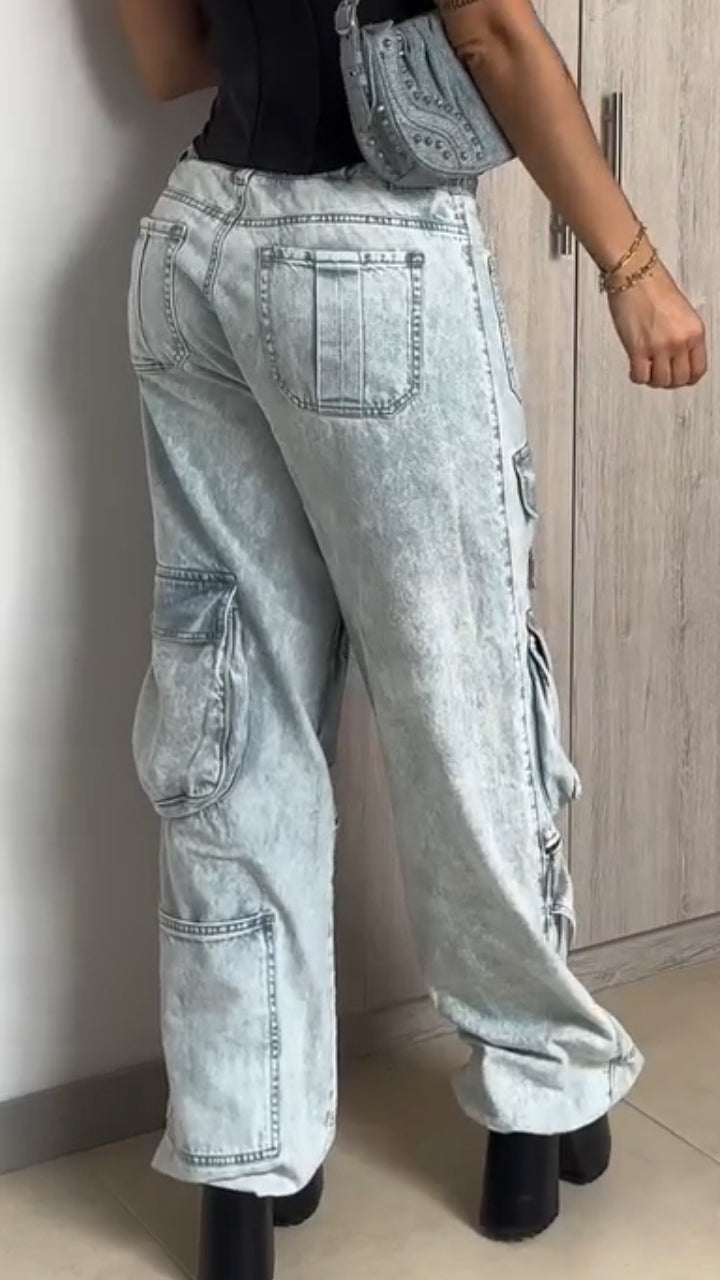 Women Drawstring Spliced Multi Pocket Casual Jeans