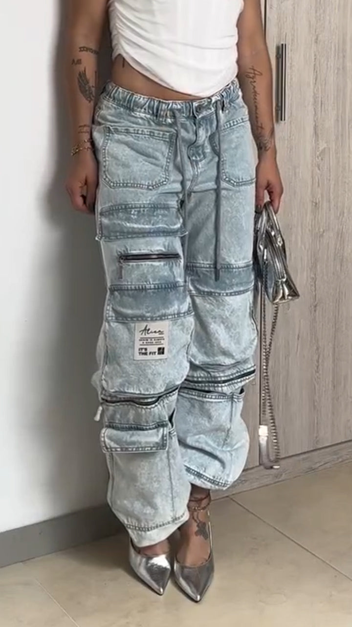 Women Drawstring Spliced Multi Pocket Casual Jeans