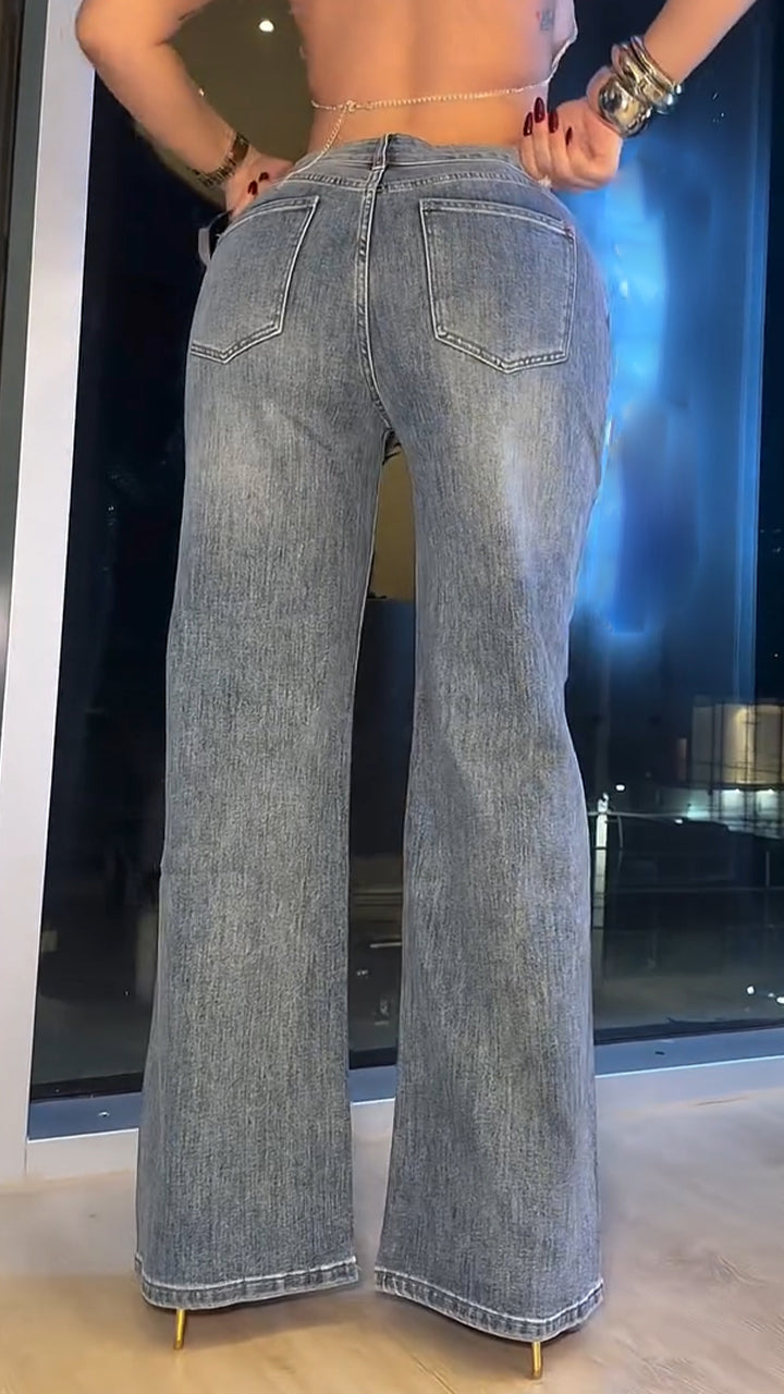 Women Rhinestone Washed Casual Jeans