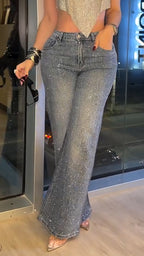 Women Rhinestone Washed Casual Jeans