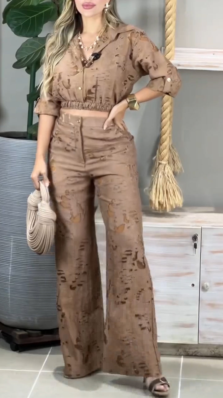 Women Laple Collar Pattern Hollow Leisure Set