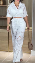 Women Laple Collar Pattern Hollow Leisure Set