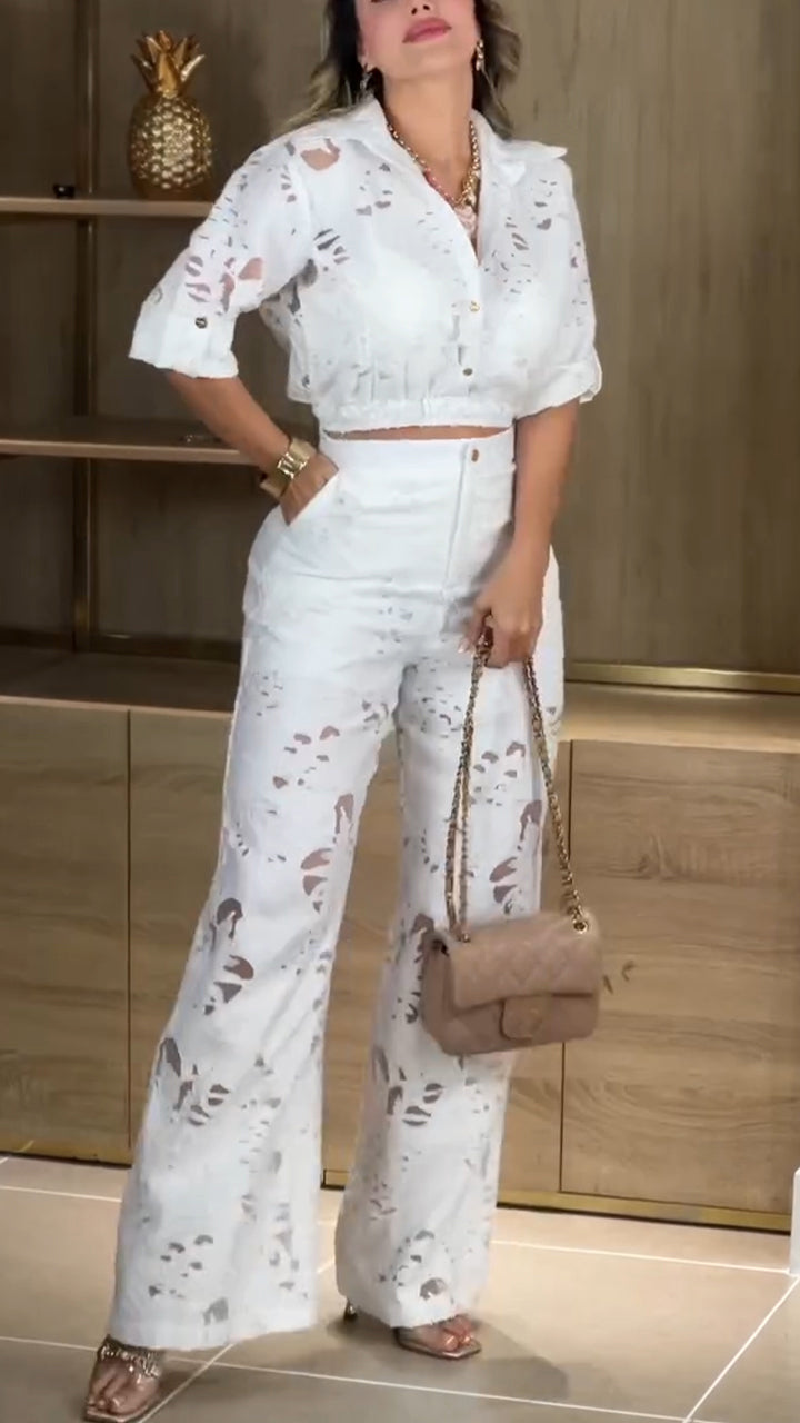 Women Laple Collar Pattern Hollow Leisure Set